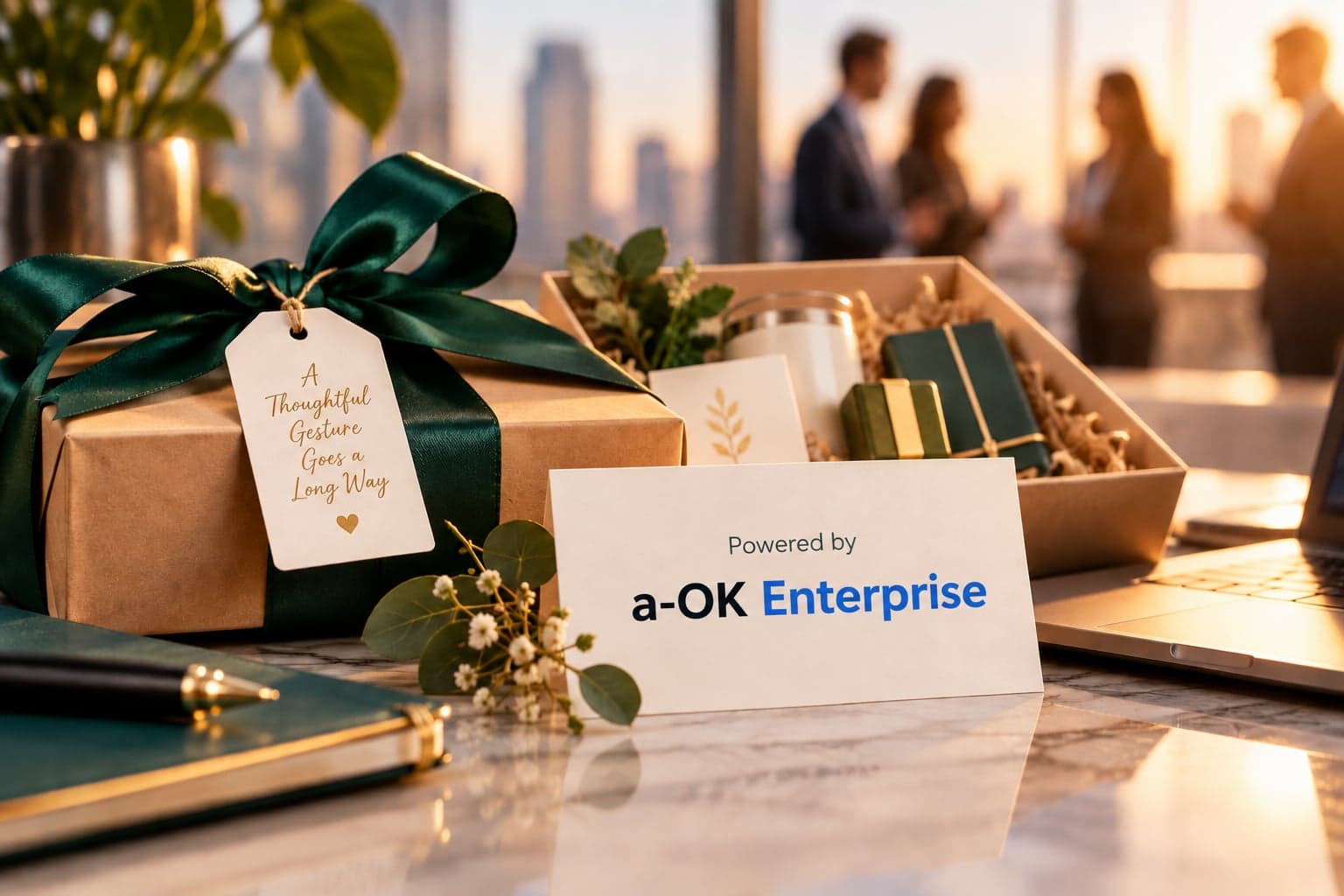 Gift boxes with a "Powered by a-OK Enterprise" card on an office desk